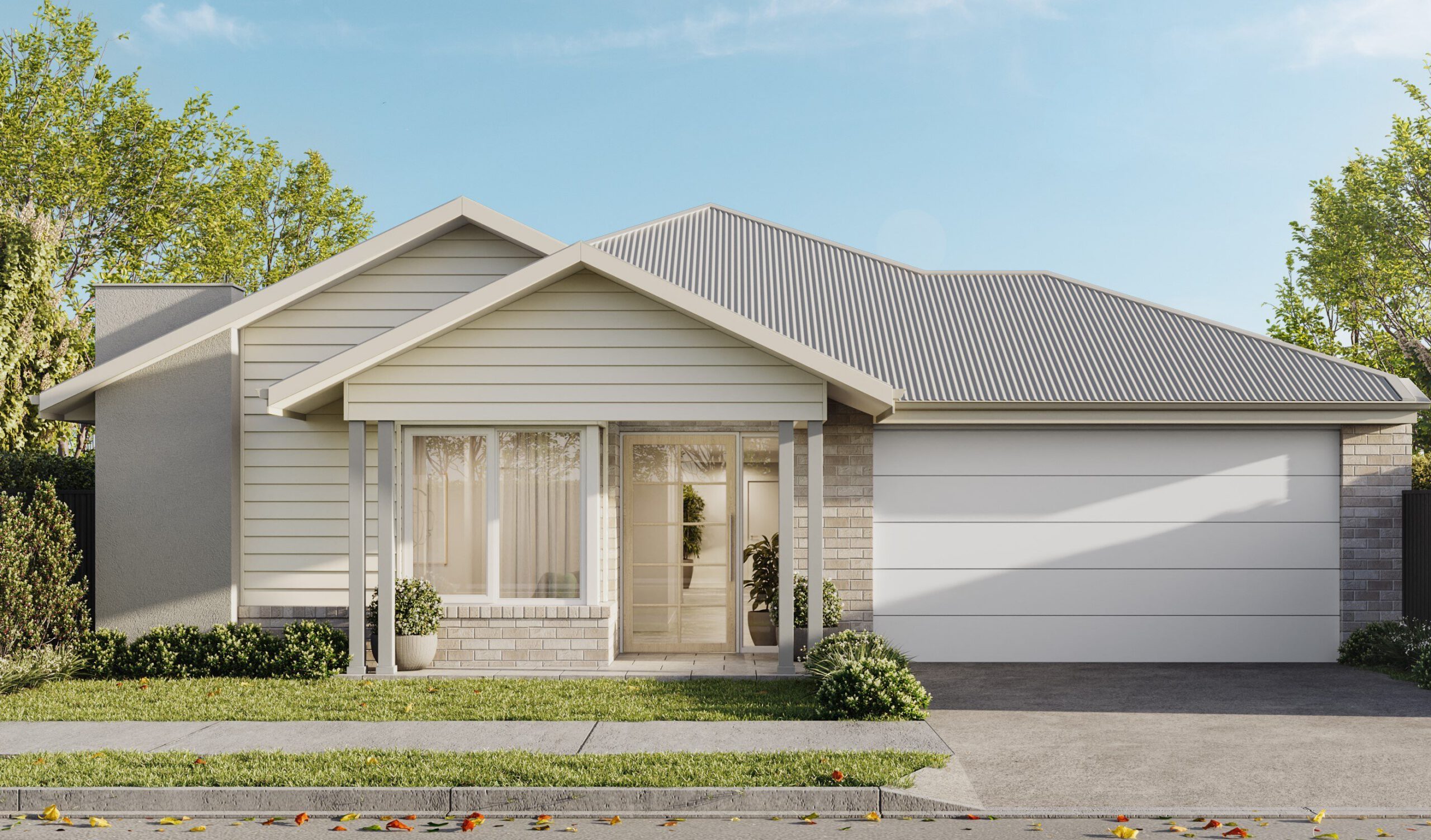 The front of a modern, cream coloured house.